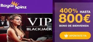 Bonos de bienvenida Royal Spinz hasta por 800 euros y 25 tiradas gratis